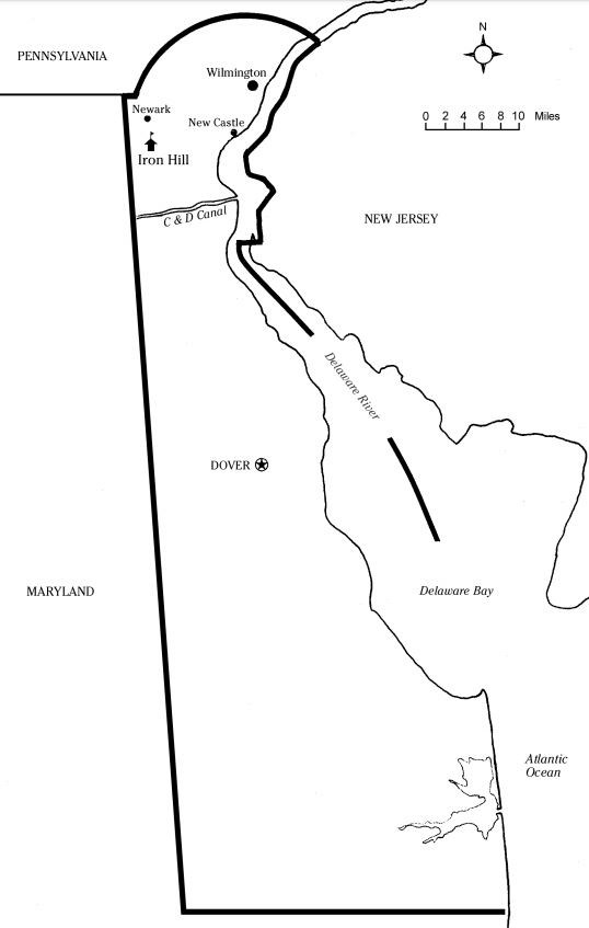 Map of Delaware with Iron Hill in top left region.