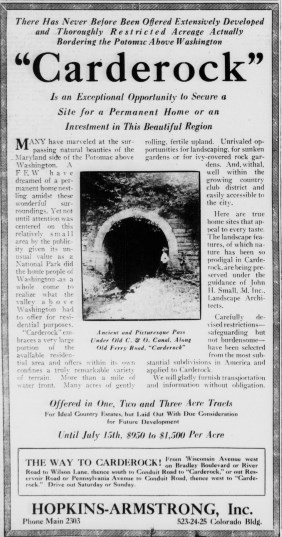 Black and white image of newspaper clipping from 1928 describing the Carderock subdivision. Price of acreage is decribed as $950 to $1,500 per acre. Features picture of historic C&O Canal Tunnel.
