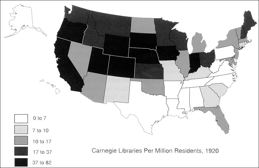 Map of United States with states shaded based on their number of Carnegie Libraries per million residents in 1920. The Northwest has the most libraries per million residents and the Southeast has the fewest.