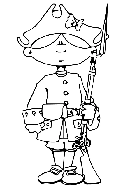 Coloring Page of Cartoon Fort Soldier Coloring Page of a Cartoon Fort Soldier wearing a tricorn hat, a uniform coat, a cartridge box with belt, and holding a musket.