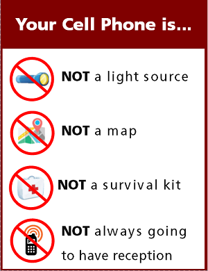 You cell phone is not a light source, not a map, not a survival kit and will not always have reception