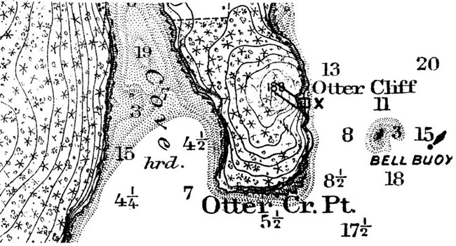 Chart of Otter Point black and white drawing of survey otter point with an x marking a survey spot