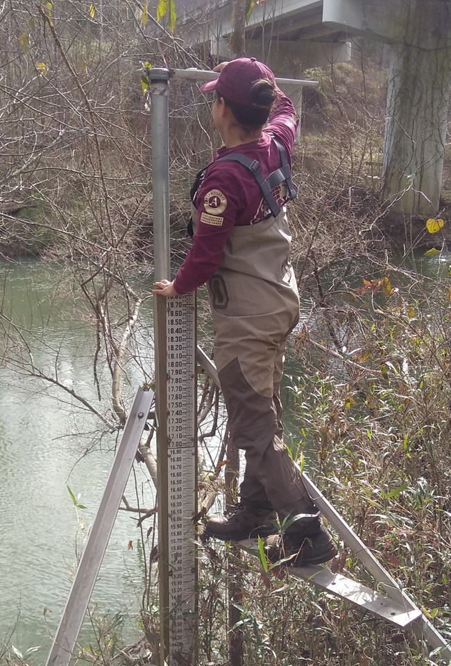 woman stands on a platform overlooking a river