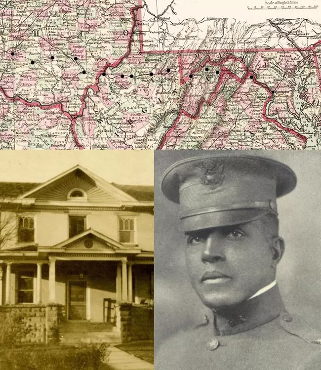 Composite image with historic map across the top of Ohio and most of  West Virginia along with pieces of surrounding states, a historic home in the lower left, and in the lower right a black and white portrait of a black man in military uniform