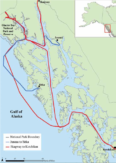 a map of cruise ship routes in 2008 and 2009 in Glacier Bay National Park