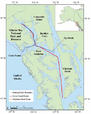 map of cruise ship observations in glacier bay national park