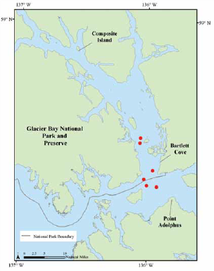 a map of whale observations from cruise ships in 2008 and 2009 from glacier bay