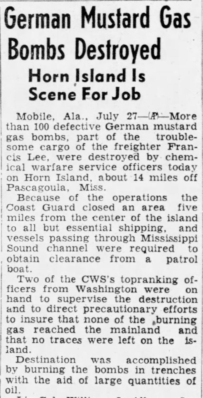 Newspaper clipping describing the destruction of mustard gas bombs at Horn Island.
