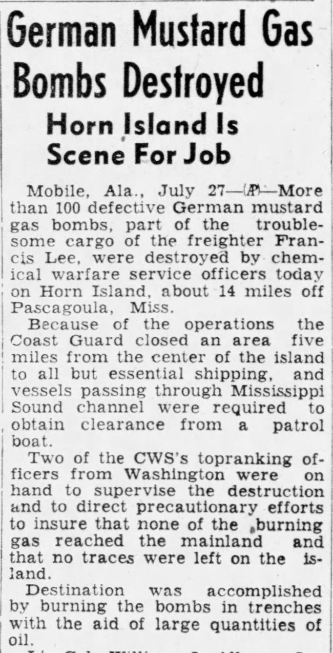 Clarion_Ledger_Sun__Jul_28__1946_ Newspaper clipping describing the destruction of mustard gas bombs at Horn Island.