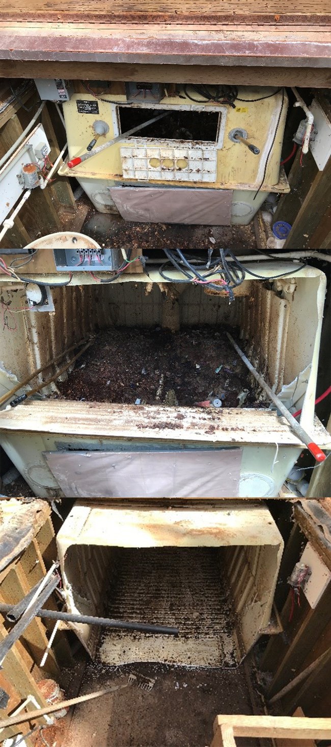 Three photos of a vault toilet holding chamber showing early stages of cleaning all the way to a completely cleaned out chamber.