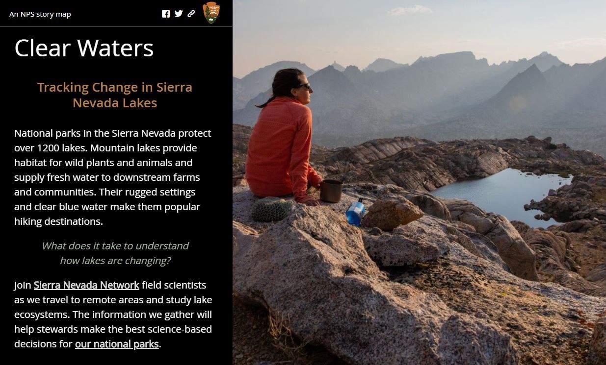 Story map intro text and woman sitting on rock gazing at mountain lake far below.