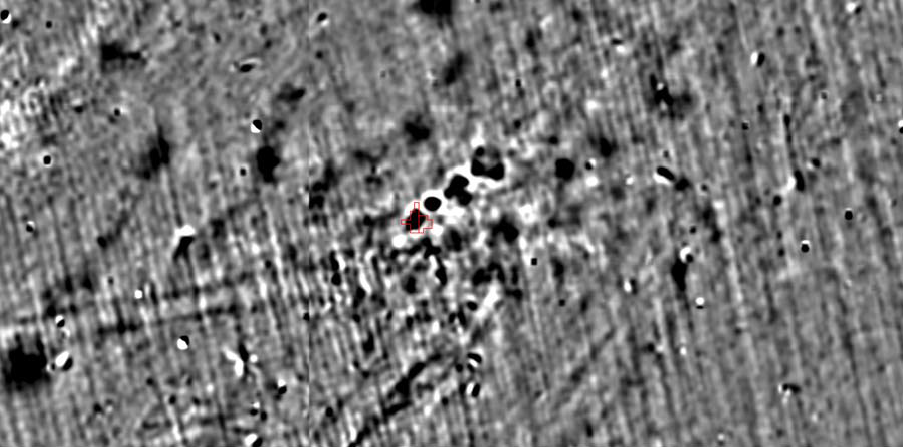 Closeup of GeoMag at HMG A black and white surface picture showing magnetic anomalies that are darker spots