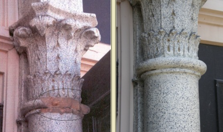 Column capital before and after One image of a damaged stone column and the other of the same repaired.