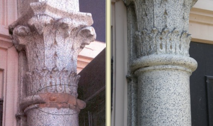 One image of a damaged stone column and the other of the same repaired.