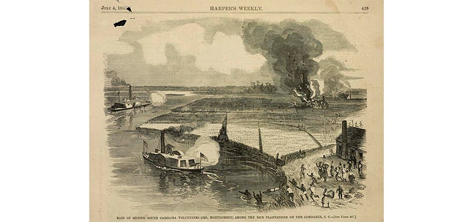 Sketch of the Combahee River with ships and soldiers fighting.