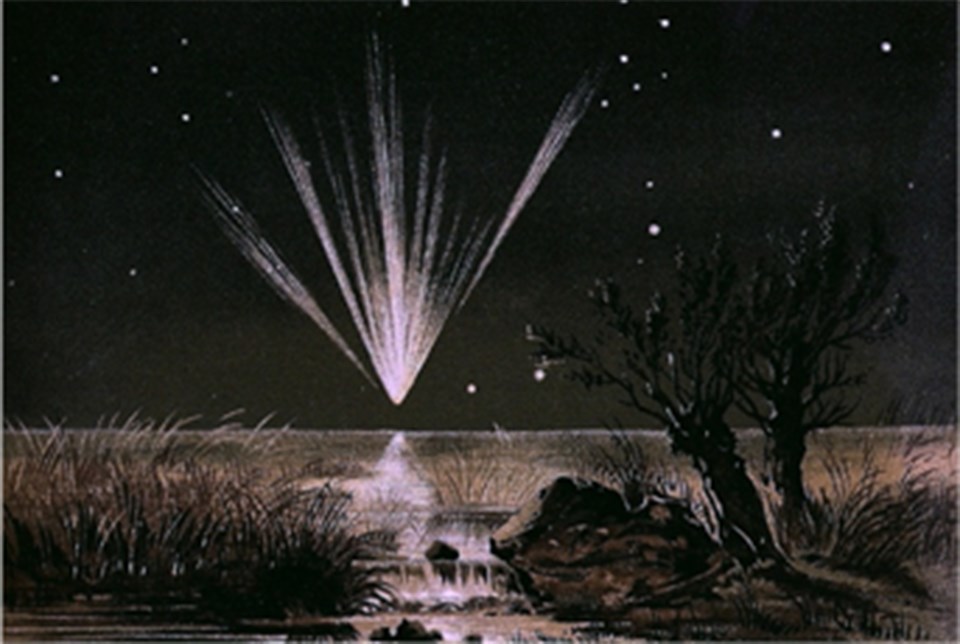 Print showing a dark night sky and comet streaking down center