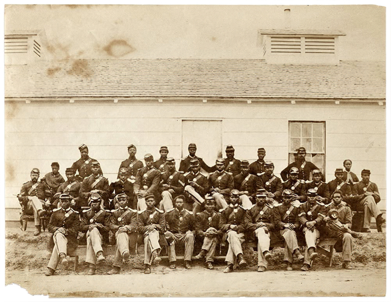 A large group of African American people in Civil War Union Army uniforms