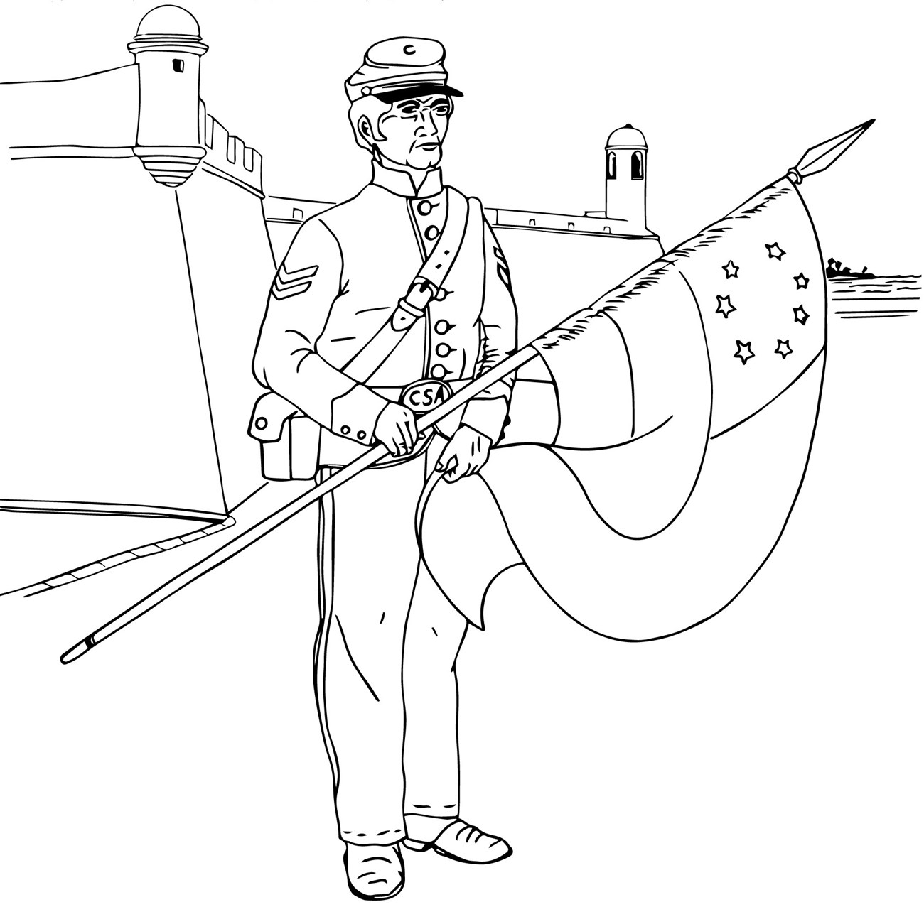 Coloring Page of Confederate Soldier in standing in front of Castillo, called Fort Marion by the U.S.