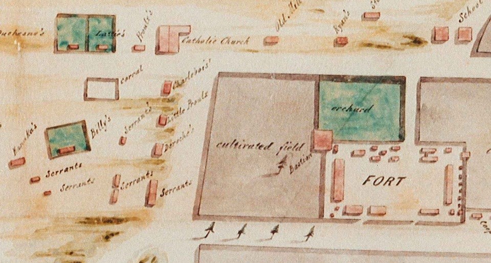 Hand drawn and colored map showing the location of the Catholic Church north of the Village and northwest of the Fort.