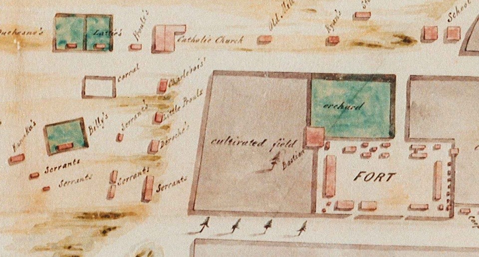 Covington Map, 1846 Hand drawn and colored map showing the location of the Catholic Church north of the Village and northwest of the Fort.