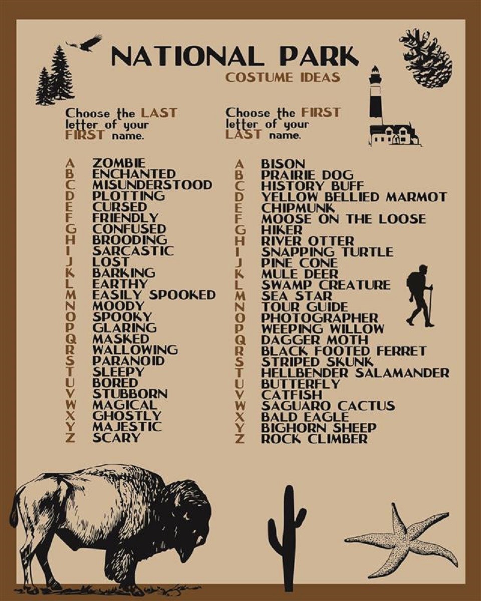 Costume Challenge National Park Service costume key chart, more detailed alternative text is on the webpage