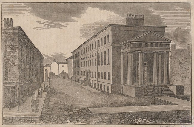 An engraving of a large four story building with tall columns and doors at its front.
