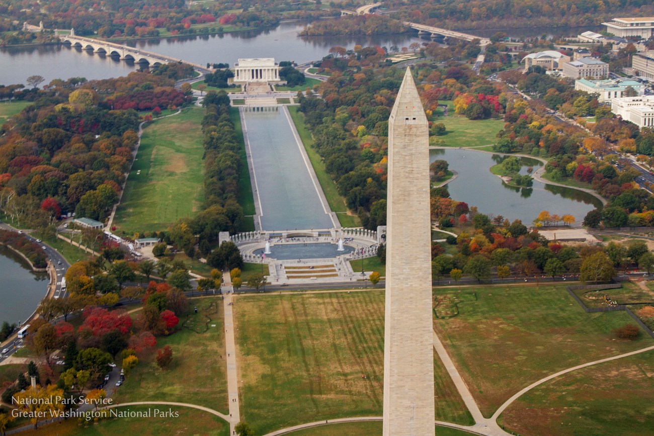 Aerial photo of Washington Monument and Reflecting Pool