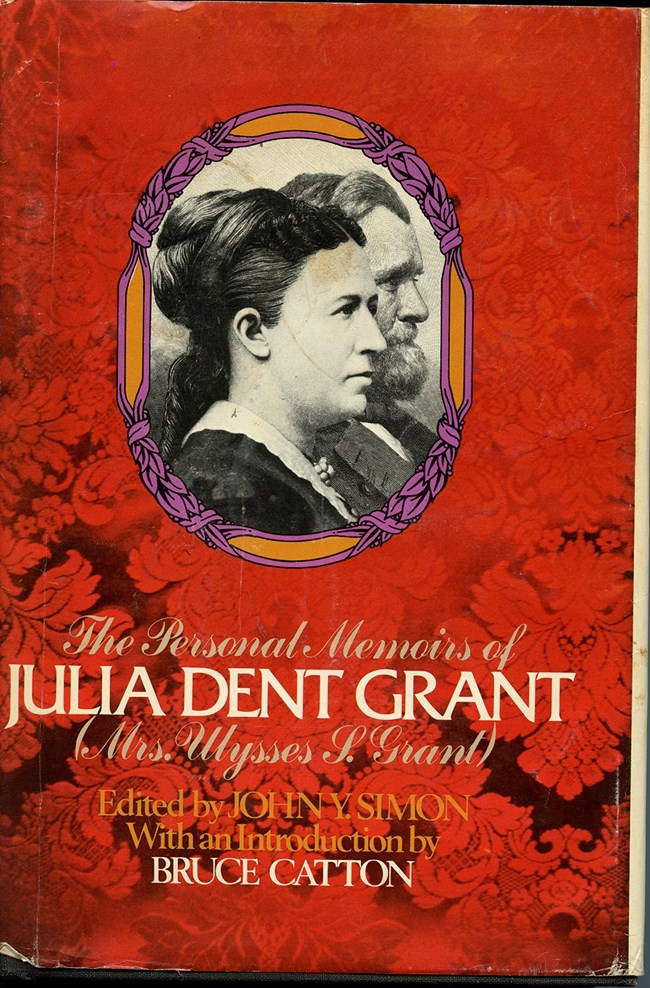 The front cover of Julia Dent Grant's Personal Memoirs, which include Julia and Ulysses S. Grant in profile.