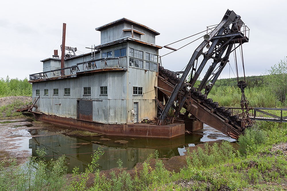 The 1930s-era gold dredge at the Coal Creek mining camp in the heart of Yukon-Charley Rivers National Preserve, 2014. NPS photo courtesy of Yasunori Matsui