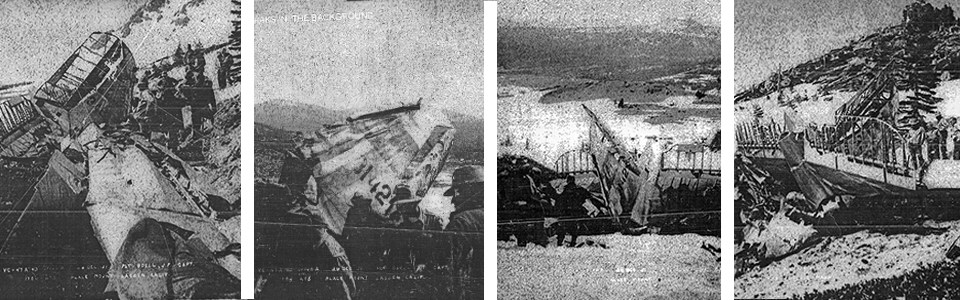Series of four black and white photos of a plane crash on a hillside