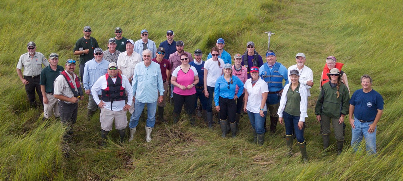 Conference attendees standing in marsh.