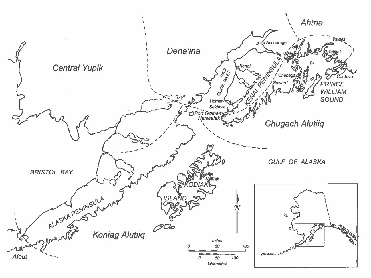 A map of southcentral Alaska, which includes the "Chugach Alutiiq" along the southern edge of the Kenai Peninsula and Prince William Sound