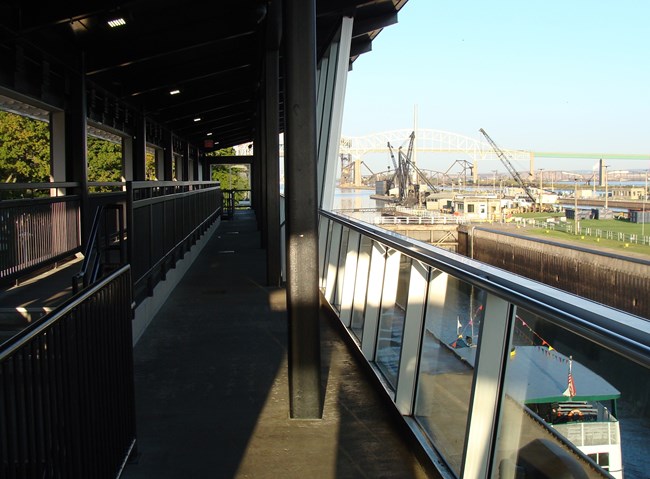 St. Marys observation platform Platform looking out at the lock and canal system with cranes and boats.