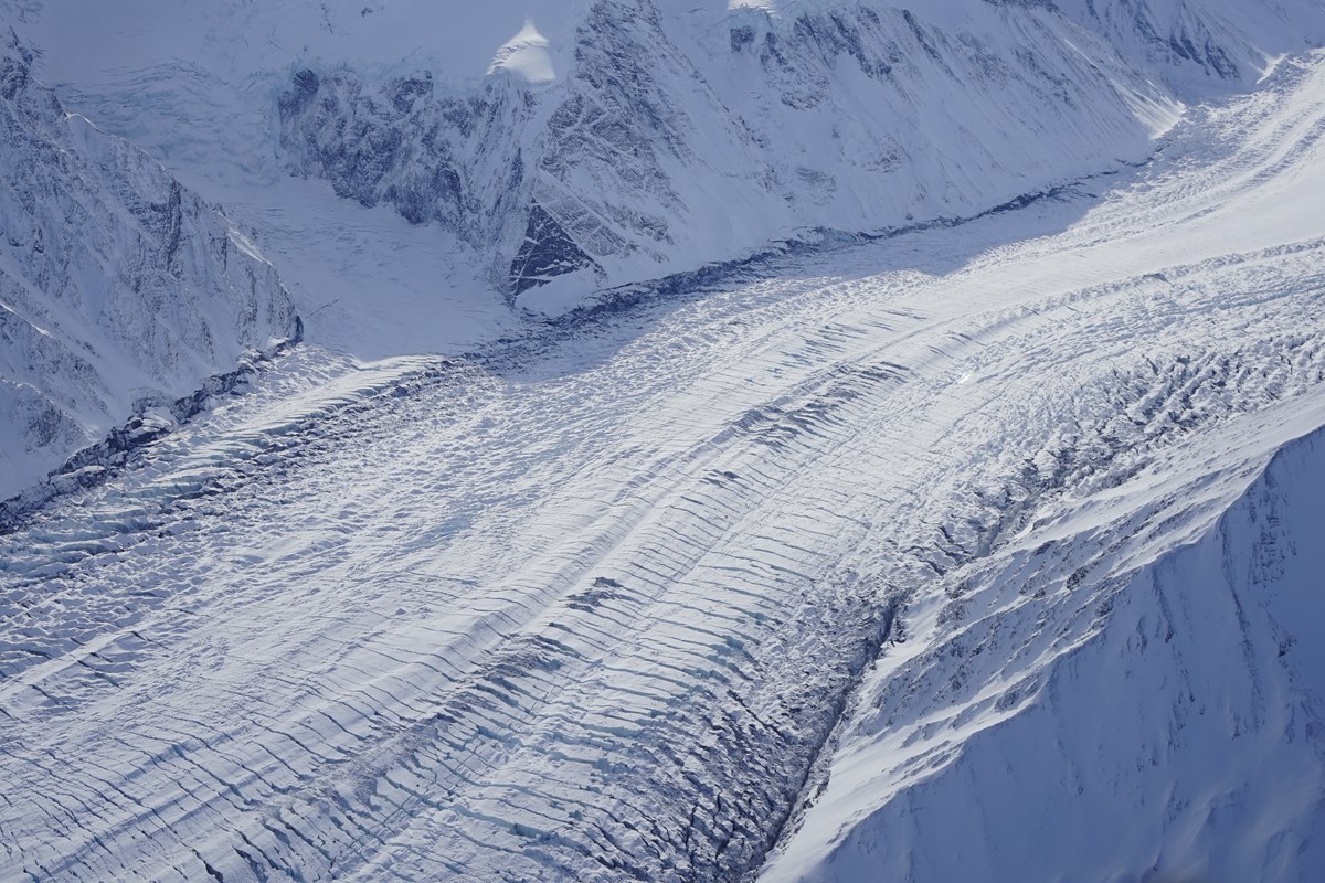aerial view of heavily crevassed glacier