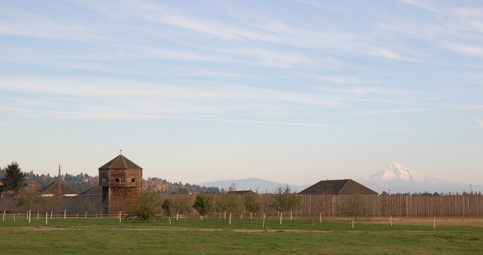 Photograph of Fort Vancouver with Mount Hood in background