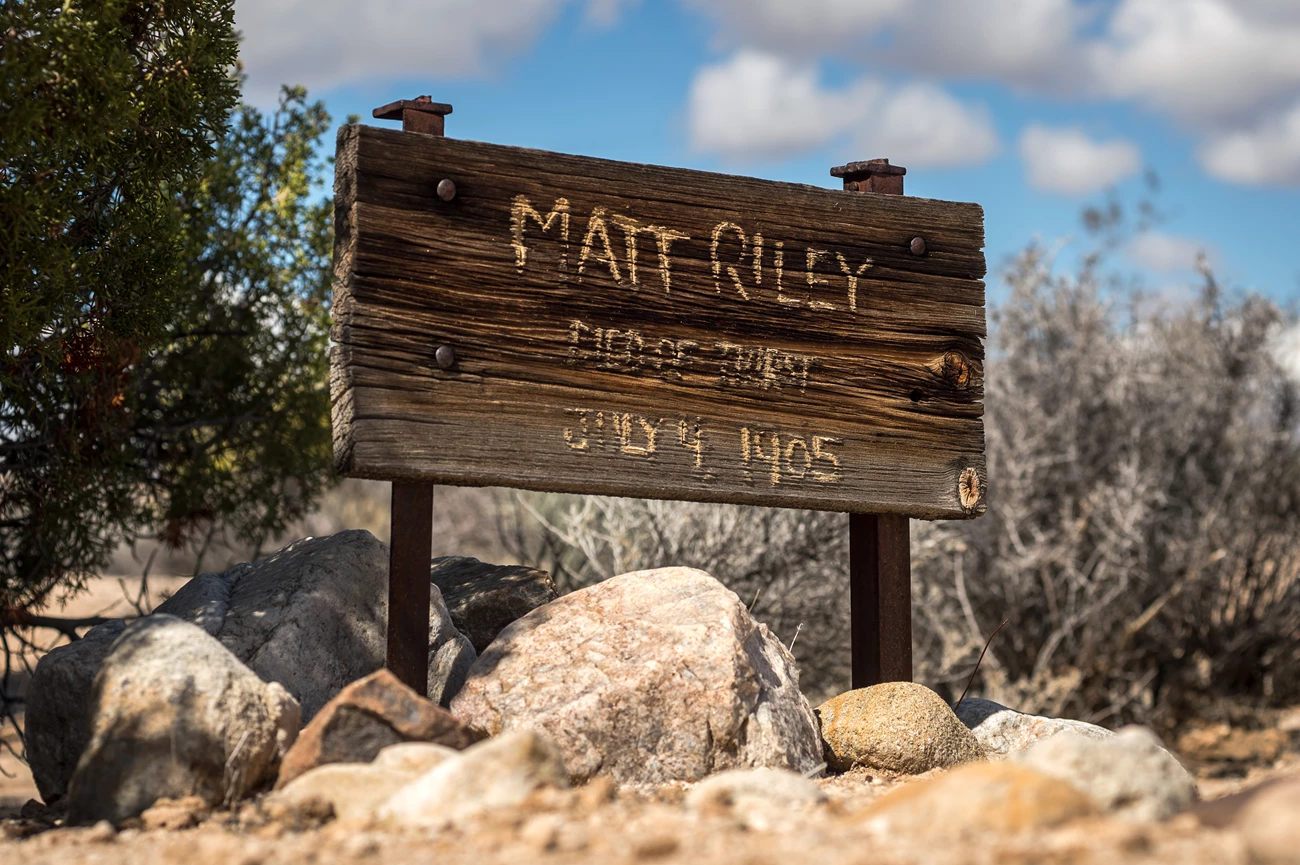 Matt Riley's gravesite Color photo of the wooden sign marking Matt Riley's gravesite. It reads "Matt Riley died of thirst July 4, 1905."