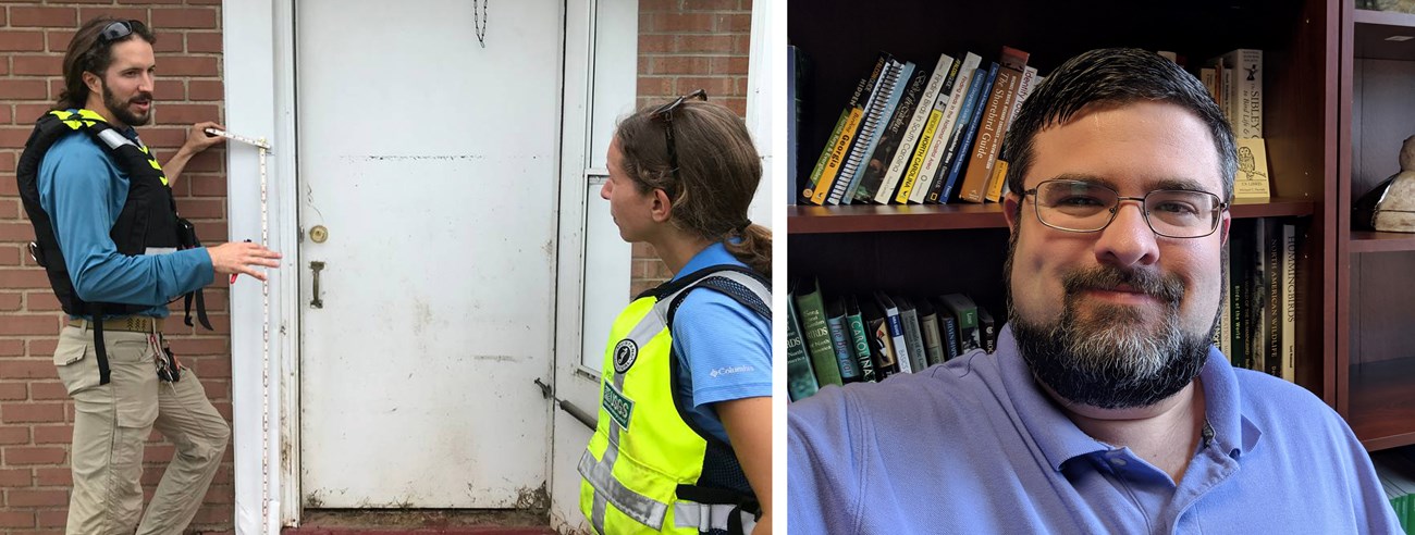 New Additions to SECN Staff Man measures a door frame talking to a woman. On the right, a closeup of a man in his office with books on a shelf behind him.