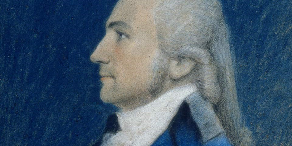 Detail, color portrait of William Richardson Davie showing his face and hair.
