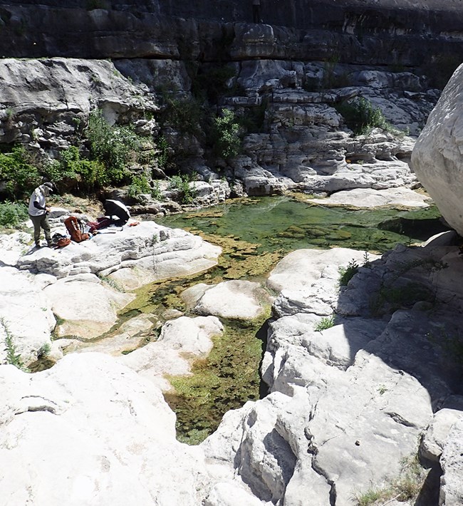 Dead Mans Canyon Spring A pool of greenish water in front of a rock face with large boulders around it.
