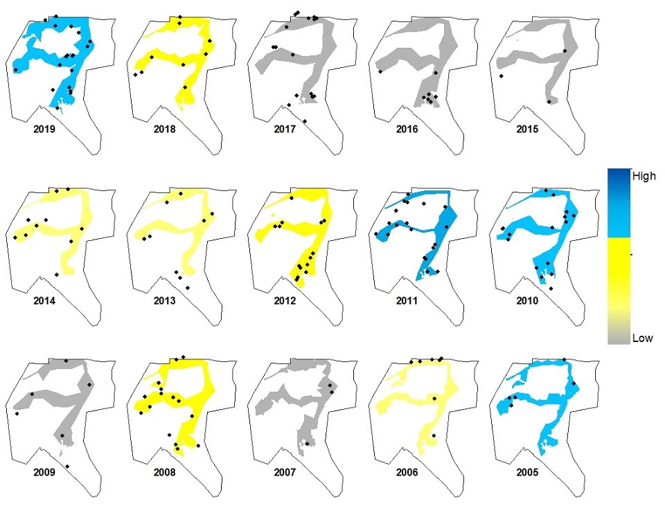 Maps of visible deer habitat. Maps of deer habitat at Arkansas Post National Memorial 2005-2019.