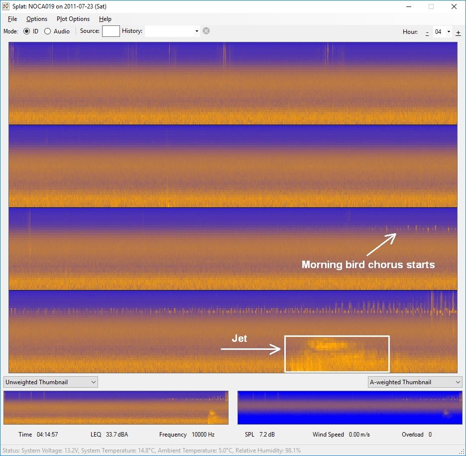 graph with sound pressure levels represented in orange and jet and bird chorus pointed out