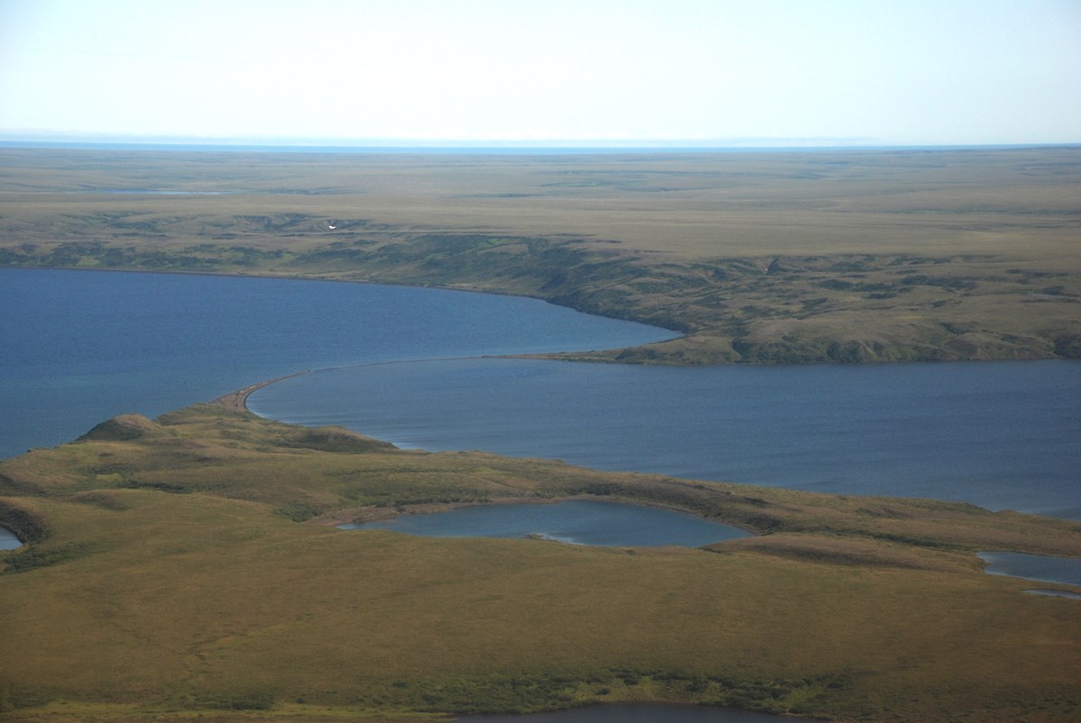 Devil Mountain Maar Lake Aerial view of two oval shaped lakes separated by a sand spit