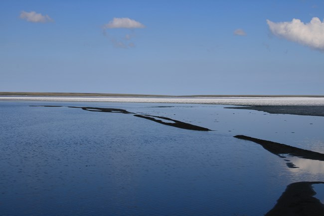 A blue body of water with ice floes.