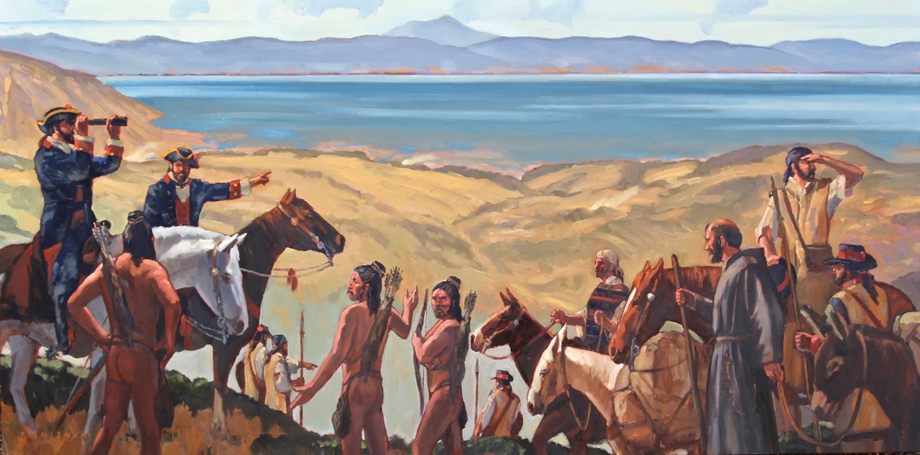 Painting of haggard Portolá Expedition members at the "discovery" site accompanied by three Ohlone men.