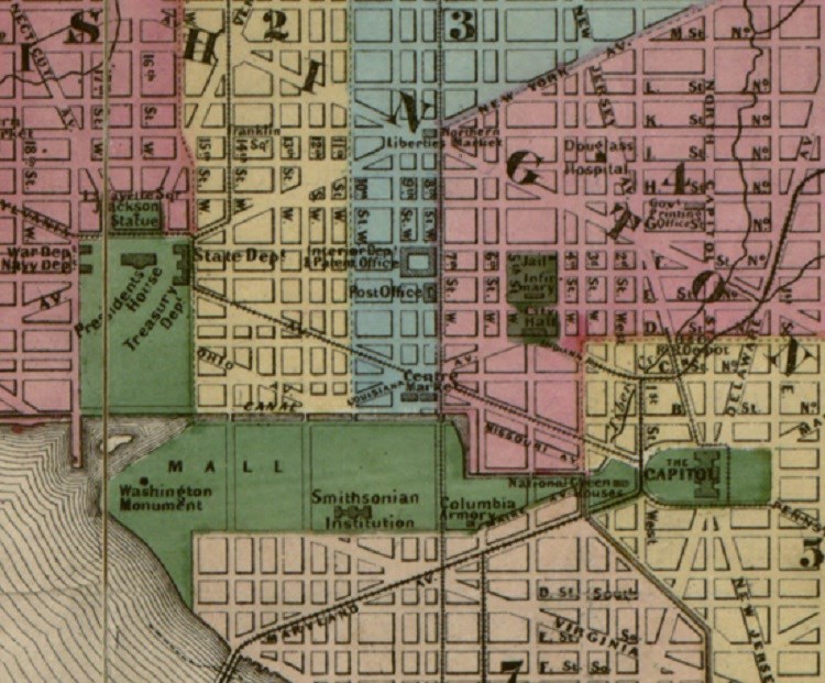 Map of Washington,  DC. (Map by E.G. Arnold, “Topographical map of the original District of Columbia and environs showing the fortifications around the city of Washington,” 1862, Library of Congress.)
