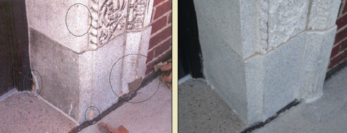 Door jamb restoration One image of damaged stone. The other of repaired stone.