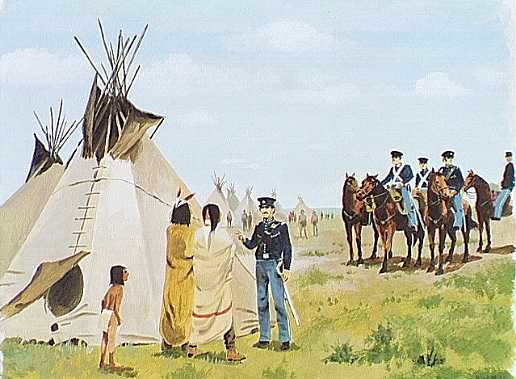 Dragoons Meeting with Native Americans. Painting showing soldiers meeting with Native Americans.