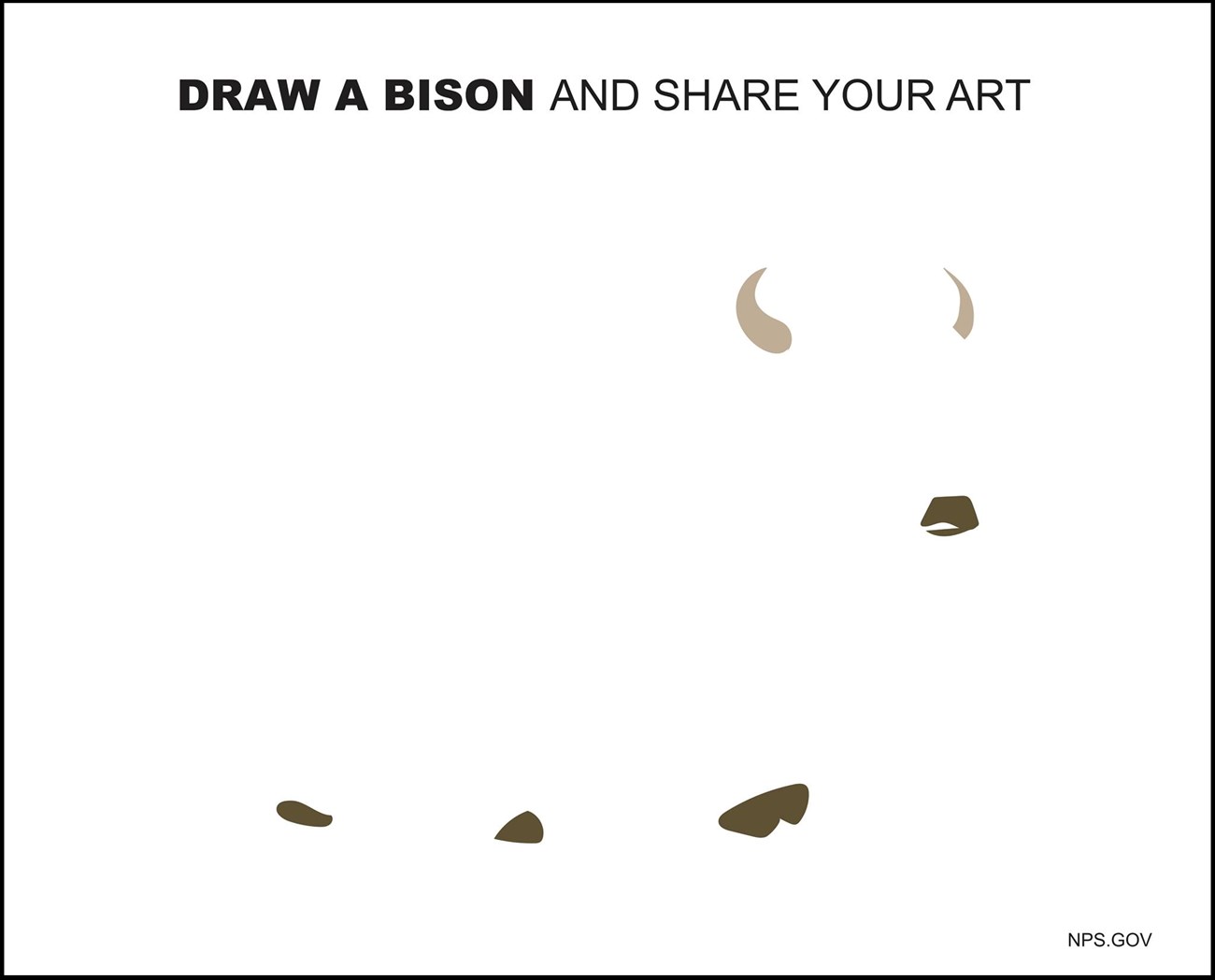 Draw A Bison Challenge Template Art template of a bison horns, nose, and hooves with text reading: Draw a Bison and Share Your Art