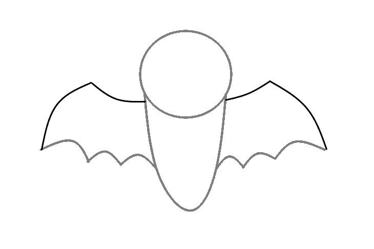 Outline of a bat’s head, body, and wings on a white background.