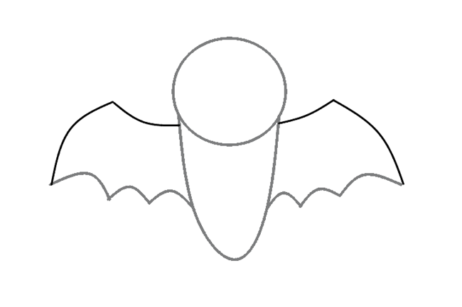 Outline of a bat’s head, body, and wings on a white background.